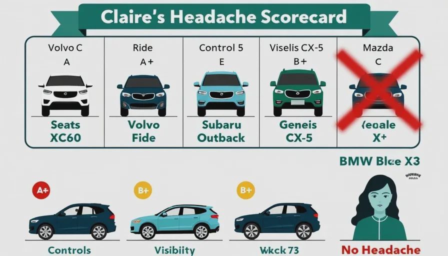 Infographic of Claire's "Headache Scorecard" comparing five SUVs — Volvo XC60 ranks highest, BMW X3 fails with a red "Headache" label — illustrating the comfort metric that matters most.