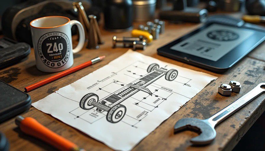 Close‑up overhead shot of a grease‑stained wooden workbench in an auto shop. A hand‑drawn diagram of a suspension system on a piece of paper lies next to a diagnostic tablet and a set of wrenches. A coffee mug with a worn logo sits in the corner. The bench has scattered bolts, a worn service manual, and a grease pencil. Soft overhead LED shop lighting, shallow depth of field focused on the diagram, gritty but warm workshop aesthetic, 4K macro photography, realistic textures.