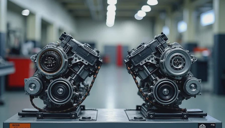 Split comparison of Subaru boxer engine timing systems: EJ-series timing belt (needs replacement at 100k miles) vs. FB-series timing chain (designed for engine life) — understanding the difference.