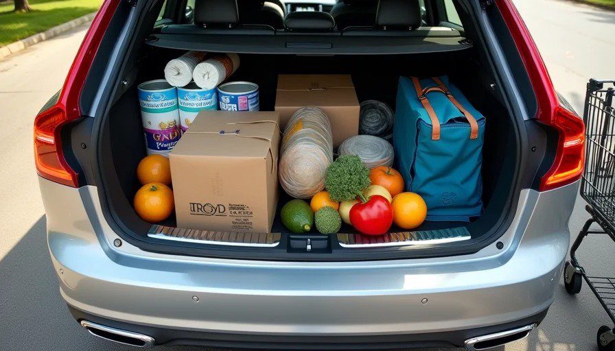 Volvo V90 boot packed with a full Costco haul — cases of water, toilet paper, dog food, produce, and a camping chair — demonstrating the wagon's impressive 1,526-litre cargo capacity.