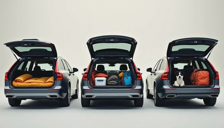 Cargo comparison of three wagons — Volvo V90, BMW 328i Touring, and Mercedes E350 — showing camping gear fitment, load height, and dog-friendliness in each.