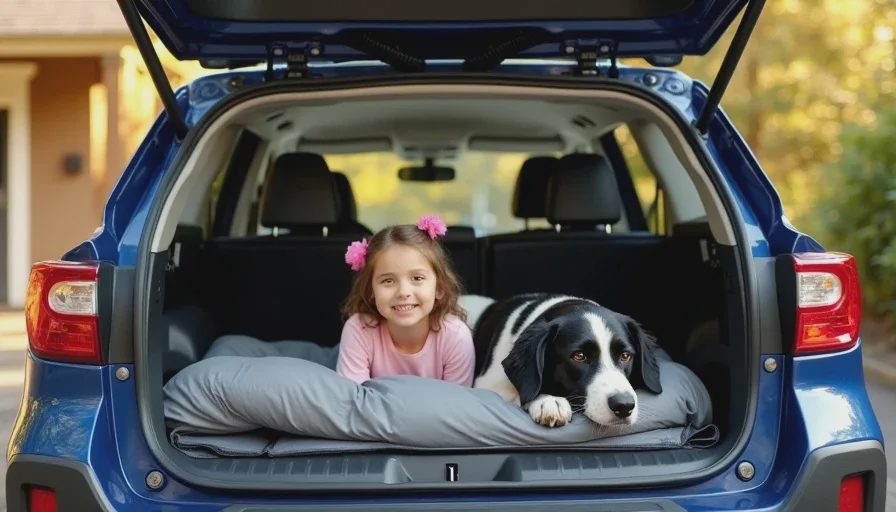 Family moment with a 2018 Subaru Outback in a Portland driveway — a border collie stretched out in the cargo area and a girl sitting beside him, testing the 100,000-mile family hauler.