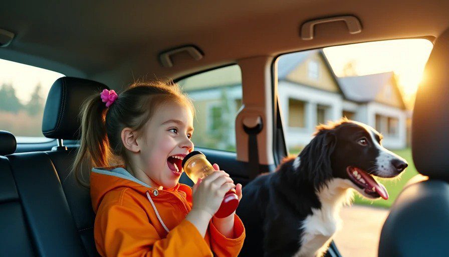 A young girl and a border collie mix enjoying the back seat of a Subaru Outback in a Portland driveway, with a Craftsman house behind them. Heartwarming family moment, testing car comfort and dog‑friendliness.