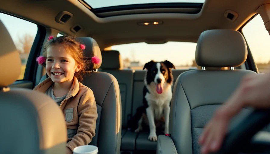 Interior of a Volvo V90 with a smiling girl in a booster seat in the back, a border collie visible in the cargo area through the window, and a sunlit cabin — real-life family test.
